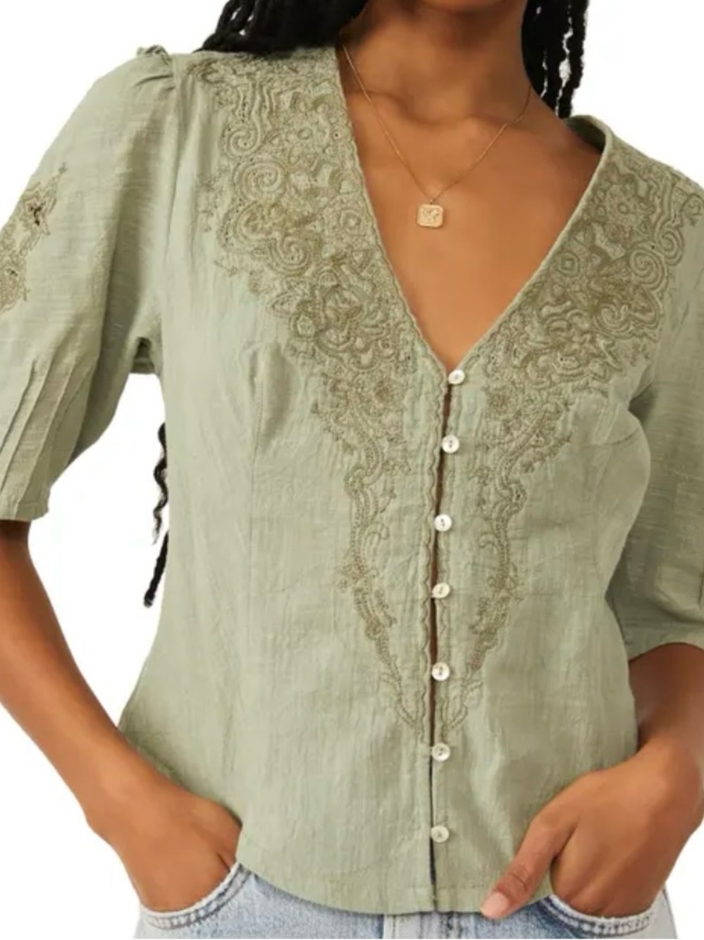 Free People Sage Green Embroidered Button-Down Blouse